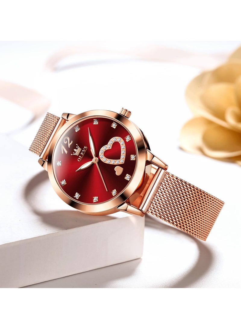 أوليفز ساعة يد نسائية صغيرة من الذهب الوردي مع قرص على شكل قلب من الألماس بأرقام عربية أنيقة مقاومة للماء بسوار شبكي وساعة رسمية تناظرية للنساء - Image 4
