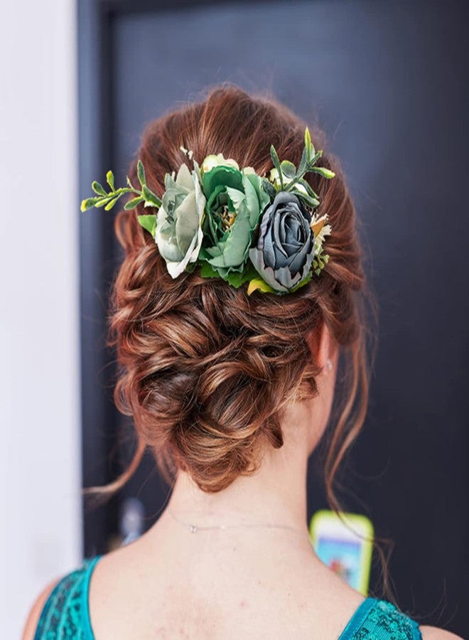 Cinaci 4 Pack Silver Metal Hair Side Combs Slides with Artificial Rose Flower Floral Wedding Bridal Headpieces Clips Hairpins Barrettes Bun Chignon Hair Accessories for Women Flower Girls Bridesmaids - Image 5