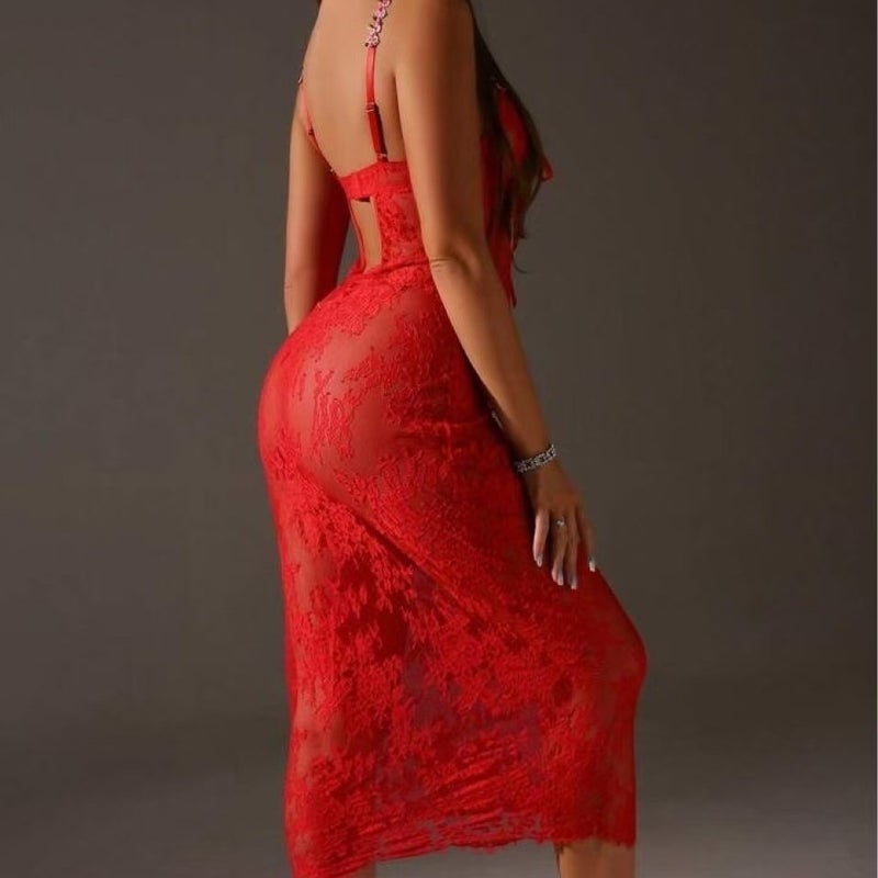 CME Cross-border European and American New Sexy Lace Long Dress Embroidered Strap Stunning Set - Image 3