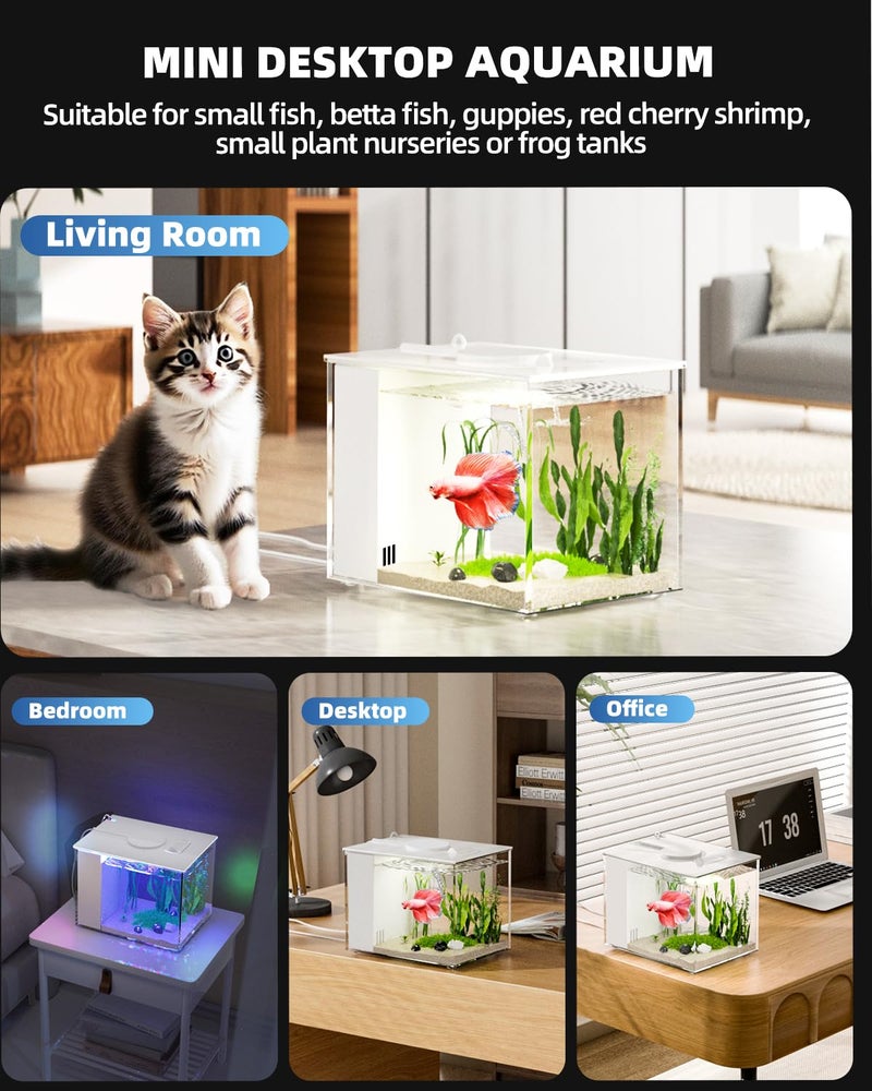 Vehipa 2.9L (0.78 Gal) Betta Fish Aquarium, Acrylic Small Fish Tank Kit with Water Filter Pump & LED Light, Ideal for Small Fish, Plants and Shrimp, White - Image 5