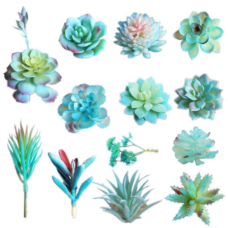 Zhiheng 13PCS Assorted Blue Artificial Succulent Plants Faux Fake Succulents Textured Cactus Stems Cacti Aloe Succulent In Different Artificial Hanging String of Pearls Plant For Wedding For Home Decor - Image 1