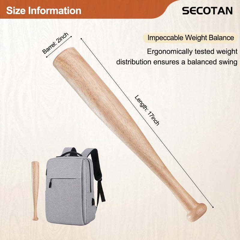 Secotan Wood Baseball Training Bat - Durable and Sturdy Wooden Bat - Ideal for Softball Hitting Practise - Versatile Design Bats (Clear Wood, 17 Inch) - Image 2