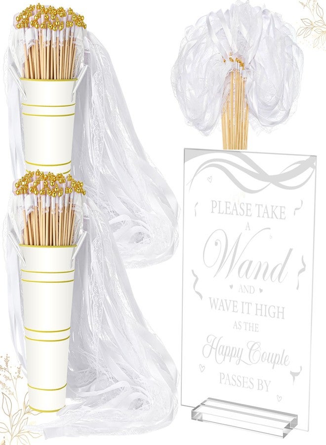 Reallnaive 103 Pcs Wedding Wand with 2 Galvanized Metal Buckets and 1 Acrylic Send Off Sign White Lace Ribbon Streamers with Gold Bells for Wedding Bridal Shower Photo Prop Send - Image 1