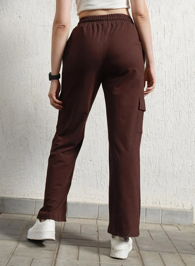 Hubberholme Women's Brown Cotton Blend Printed Full Length Cargo Regular Fit Trouser