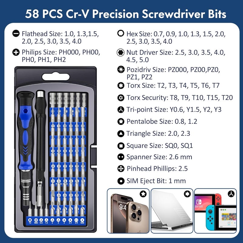 XOOL Precision Screwdriver Kit, 62 in 1 Electronics Repair Tool Kit, Magnetic Driver Kit with Flexible Shaft, Extension Rod for Mobile Phone, Smartphone, Game Console, PC, Tablet - Image 2