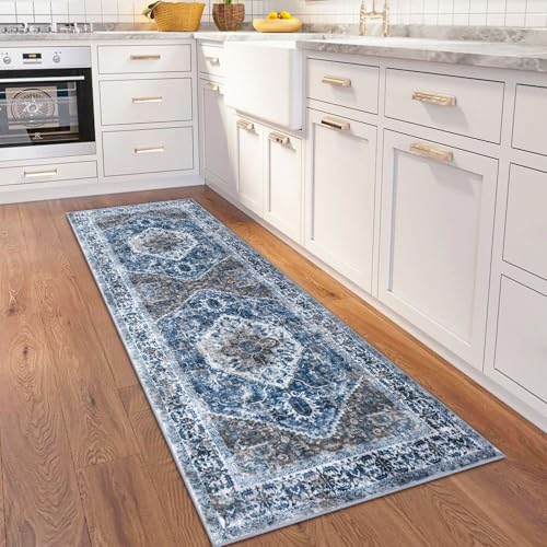 KOZYFLY Runners for Hallways 2x6 Ft Washable Kitchen Runner Rug Boho Runner Rug for Entryway Indoor Blue Printed Oriental Faux Wool Floor Carpet Runner for Bedroom Kitchen Hall - Image 2