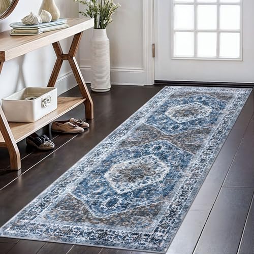 KOZYFLY Runners for Hallways 2x6 Ft Washable Kitchen Runner Rug Boho Runner Rug for Entryway Indoor Blue Printed Oriental Faux Wool Floor Carpet Runner for Bedroom Kitchen Hall - Image 1