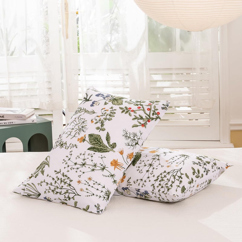 ECOCOTT 2 Pack Pillowcase Queen Size with Green Botanical Floral Leaves Pillow Cases Set  100% Cotton Queen Pillow Covers Envelope Closure (Queen  20""x30"") - Image 2