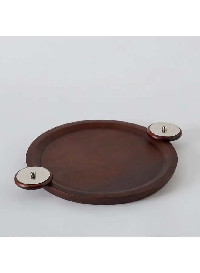 Home Box Obje Wooden Round Tray with Wheel Handle 39 x 40 x 30 cm