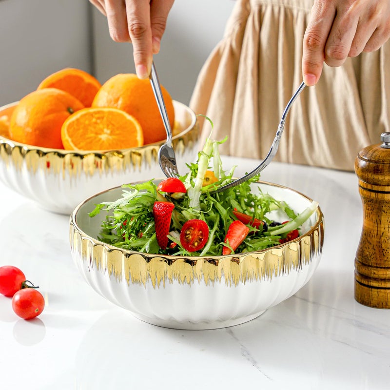 LETAOTAO Serving Bowls, 8 inch Large Salad Bowls, Ceramic Bowl Set of 2 White Bowl with Gold Trim, Kitchen Decorative Bowls Set for Kitchen, Salad, Soup, Pasta and Dinner(60 oz) - Image 5