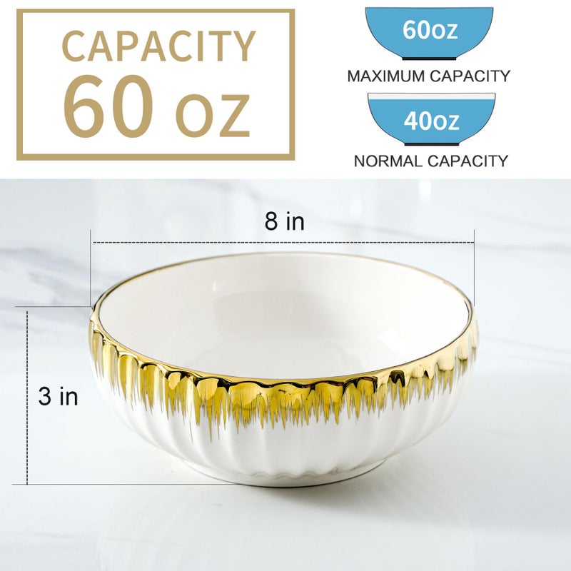 LETAOTAO Serving Bowls, 8 inch Large Salad Bowls, Ceramic Bowl Set of 2 White Bowl with Gold Trim, Kitchen Decorative Bowls Set for Kitchen, Salad, Soup, Pasta and Dinner(60 oz) - Image 2
