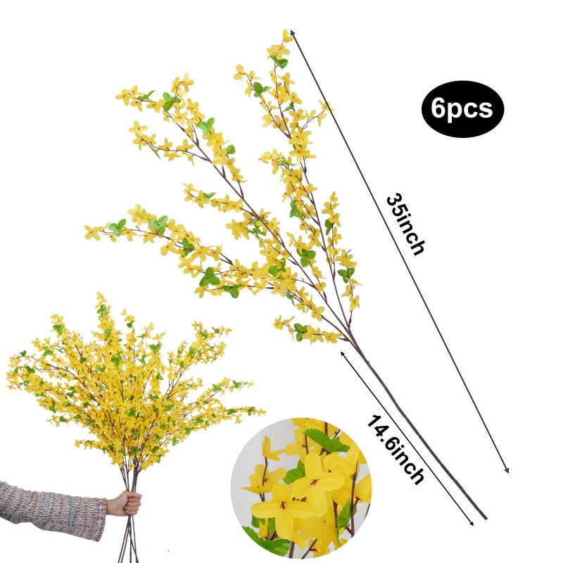 HO2NLE 6Pcs Artificial Forsythia Branches 35" Yellow Long Stem Artificial Flowers for Tall Vase Fake Silk Flowers Forsythia Stems for Home Table Centerpiece Kitchen Decorations - Image 3