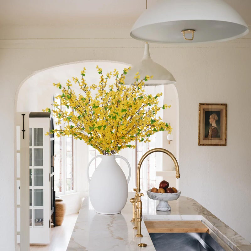 HO2NLE 6Pcs Artificial Forsythia Branches 35" Yellow Long Stem Artificial Flowers for Tall Vase Fake Silk Flowers Forsythia Stems for Home Table Centerpiece Kitchen Decorations - Image 2
