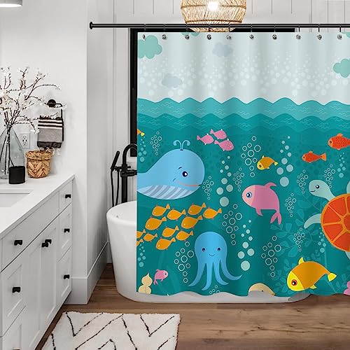 Sunlit Lovely Cartoon Sea Creatures Fabric Shower Curtain for Kids, Whale Turtle and Fish Bathroom Decor Curtain for Girls and Boys - Image 3
