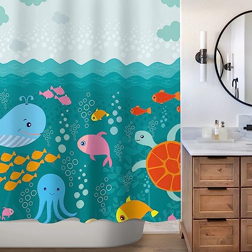 Sunlit Lovely Cartoon Sea Creatures Fabric Shower Curtain for Kids, Whale Turtle and Fish Bathroom Decor Curtain for Girls and Boys - Image 4