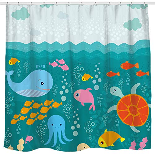 Sunlit Lovely Cartoon Sea Creatures Fabric Shower Curtain for Kids, Whale Turtle and Fish Bathroom Decor Curtain for Girls and Boys - Image 1
