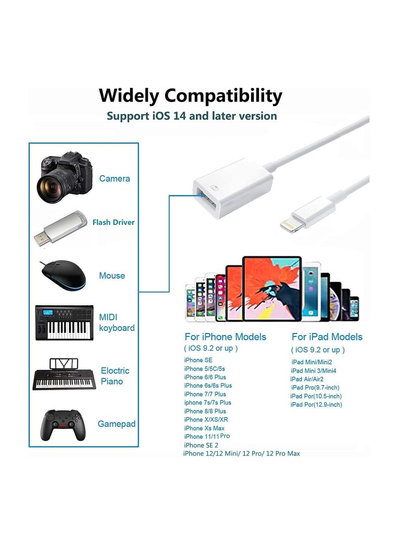 Apple Lightning to USB Camera Adapter, USB 3.0 OTG Cable for iPhone/iPad to Connect Card Reader, USB Flash Drive, U Disk, Keyboard, Mouse, Hubs, MIDI, Plug & Play (White)Suitable for Apple cell phone card reader,SD card,camera,iphone converter transferring downloads