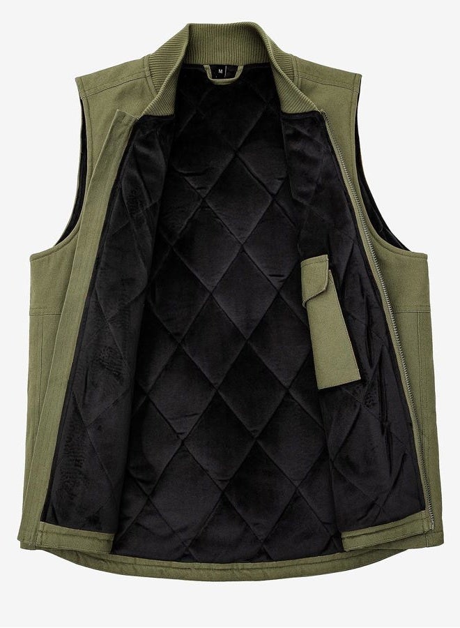 ZENTHACE Men's Arctic Quilted Lined Duck Vest Washed Full Zip Up Utility Rugged Canvas Work Vest Jacket, Army Green, L - Image 3