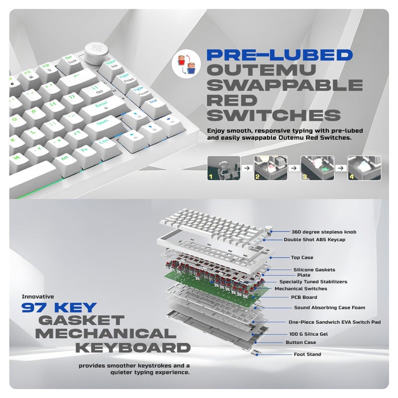 Cosmic Byte CB-GK-42 Phantom TKL Gasket Mechanical RGB Wired Keyboard, Pre-Lubed Outemu Red Switches, 1000Hz Polling, Software, Per-Key RGB, Swappable Switches, Volume Roller, USB C Port (White) - Image 3