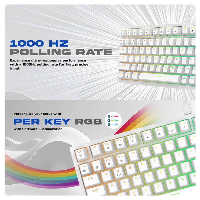 Cosmic Byte CB-GK-42 Phantom TKL Gasket Mechanical RGB Wired Keyboard, Pre-Lubed Outemu Red Switches, 1000Hz Polling, Software, Per-Key RGB, Swappable Switches, Volume Roller, USB C Port (White) - Image 5