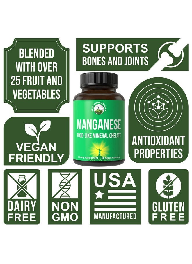 Peak Performance - Raw Whole Food Manganese Supplement Pure Trace Mineral Capsules For Connective Tissue Bone Health And Enzyme Support. Superior Absorption. 30 Pills - Image 1