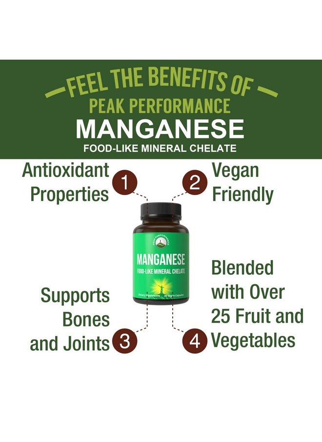 Peak Performance - Raw Whole Food Manganese Supplement Pure Trace Mineral Capsules For Connective Tissue Bone Health And Enzyme Support. Superior Absorption. 30 Pills - Image 1