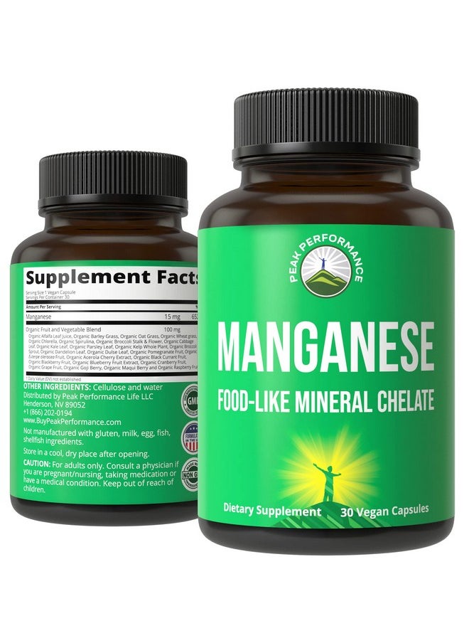 Peak Performance - Raw Whole Food Manganese Supplement Pure Trace Mineral Capsules For Connective Tissue Bone Health And Enzyme Support. Superior Absorption. 30 Pills - Image 1