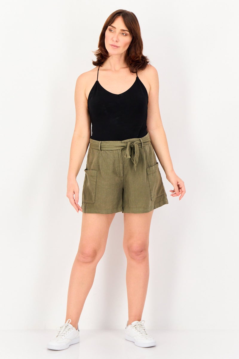 promod Women Solid Basic Shorts With Belt, Olive Green - Image 4