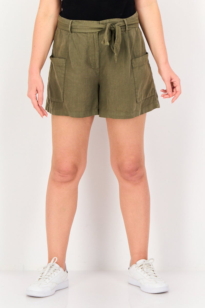 promod Women Solid Basic Shorts With Belt, Olive Green - Image 1