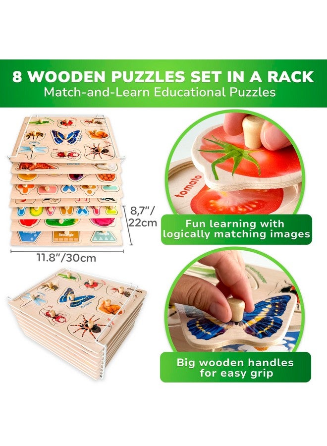 QUOKKA Wooden Puzzles for Toddlers 1-3 - 8XSET Toddler Puzzles Ages 2-4 with Rack - Learning Alphabet, Numbers and Animals Toy Puzzles for Toddlers 3-5 - Wood Games Gift for Boys and Girls - Image 2
