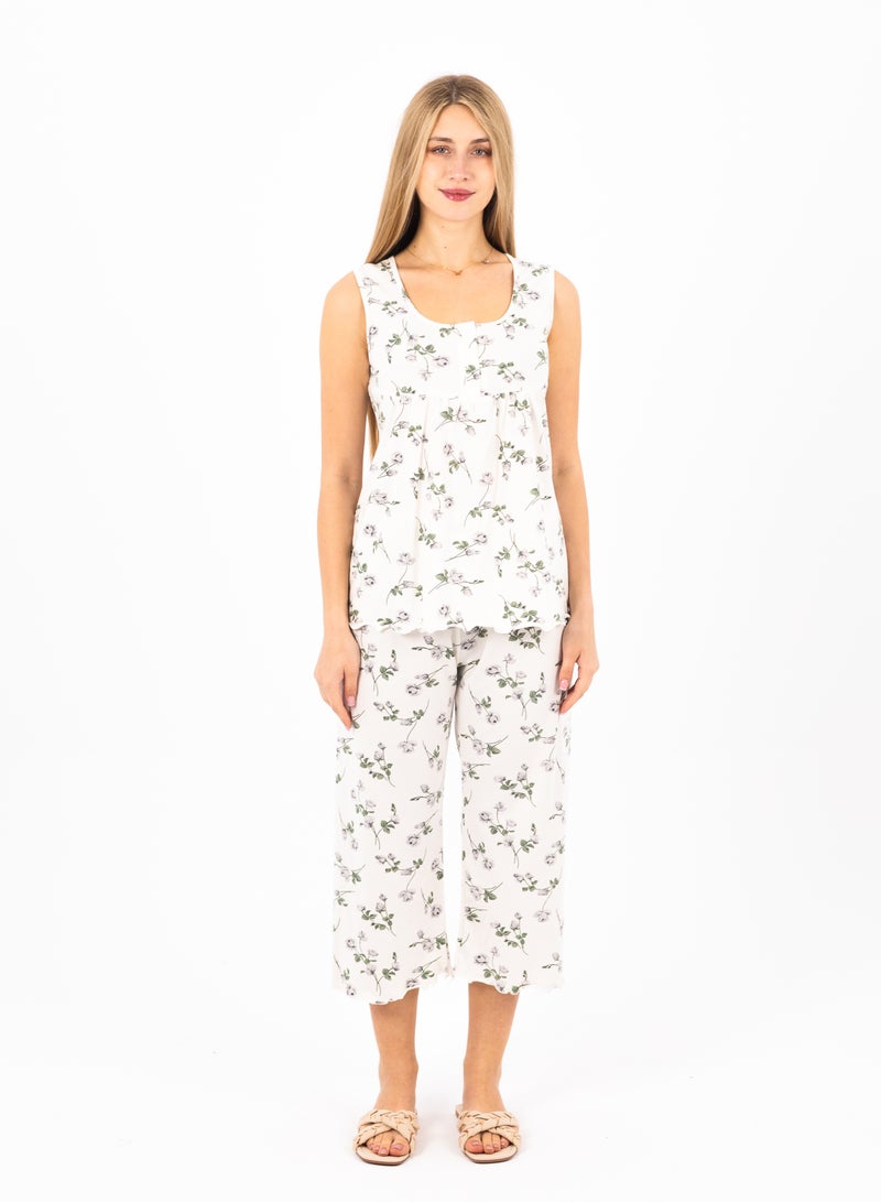 zecotex  Women's Summer Pajama Set – 100% Cotton Sleeveless Top & Capri Pants – Floral Print – Soft & Breathable Lounge & Sleepwear – Sizes S to 2XL  - Image 1