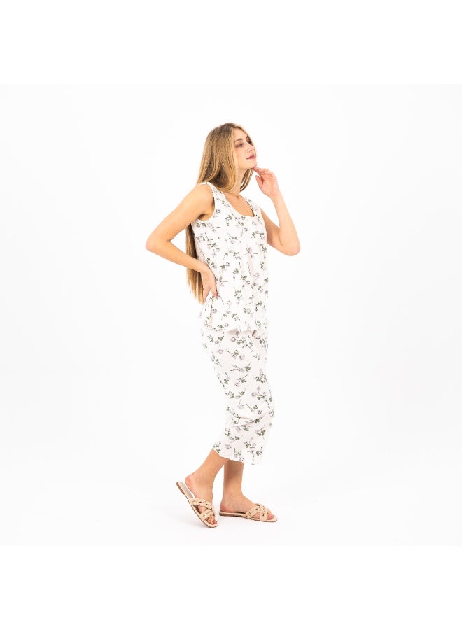 zecotex  Women's Summer Pajama Set – 100% Cotton Sleeveless Top & Capri Pants – Floral Print – Soft & Breathable Lounge & Sleepwear – Sizes S to 2XL  - Image 3