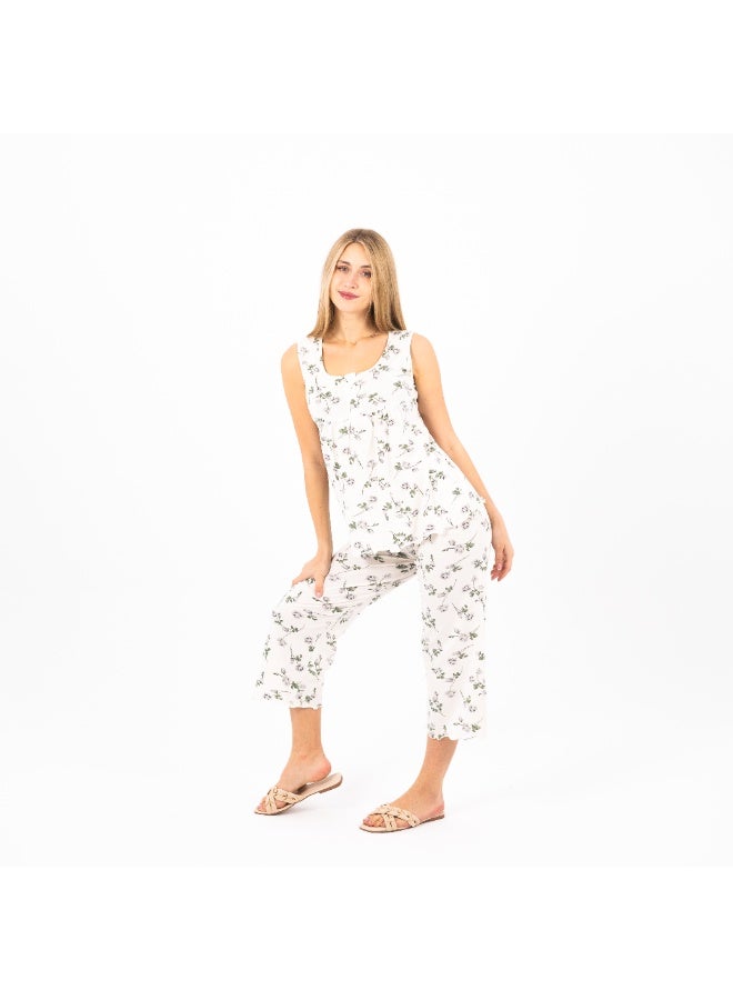 zecotex  Women's Summer Pajama Set – 100% Cotton Sleeveless Top & Capri Pants – Floral Print – Soft & Breathable Lounge & Sleepwear – Sizes S to 2XL  - Image 5