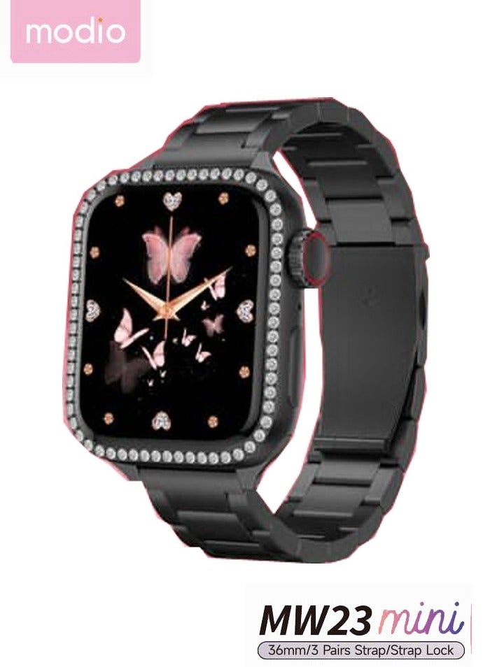modio "Modio MW23 Mini 36mm Smartwatch for Ladies in Black – Includes 3 Pairs of Interchangeable Straps and Charging Cable, Featuring Fitness Tracking, Notifications, and Sleek Compact Design" - Image 1