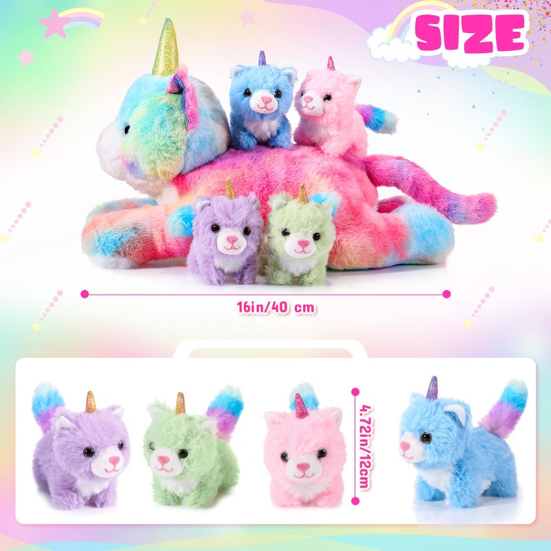 Harrycle 5 Pieces Caticorn Plush Toy Set 16 Inch Mommy Cat Unicorn Stuffed Animal with 4 Cute Plush Baby Kittens for Boys Girls Rainbow Caticorn Plush Set for Birthday Gifts Party Favors - Image 2