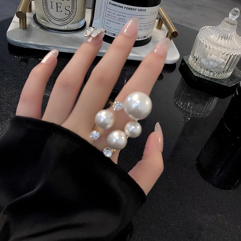 kepvrio Pearl Ring for Women Promise Stacking Pearl Rings Adjustable Open Pearls Finger Ring Trendy Personality Christmas Pearls Jewerly Prom Dress Jewerly (Style-A) - Image 4