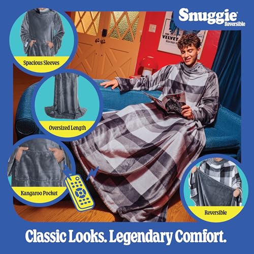 Snuggie The Original Wearable Blanket With Sleeves Pockets Reversible Double Sided Throw for Adult Men Women Machine Washable Gift for Holidays As Seen on TV One Size GreyPlaid 71 x 54 - Image 3