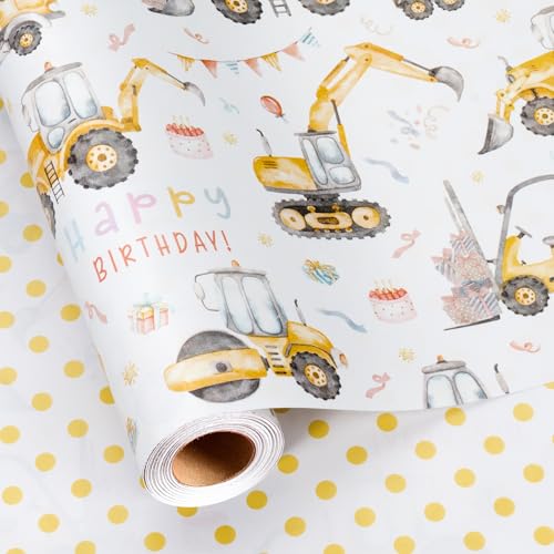 Merture Reversible Construction Birthday Wrapping Paper for Kids 17 In X 164 Ft233 sqft Reversible Gift Wrap Paper with Yellow Truck Excavator Digger for Kids Boys Birthday Baby Shower Christmas - Image 2