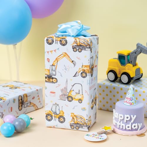 Merture Reversible Construction Birthday Wrapping Paper for Kids 17 In X 164 Ft233 sqft Reversible Gift Wrap Paper with Yellow Truck Excavator Digger for Kids Boys Birthday Baby Shower Christmas - Image 5