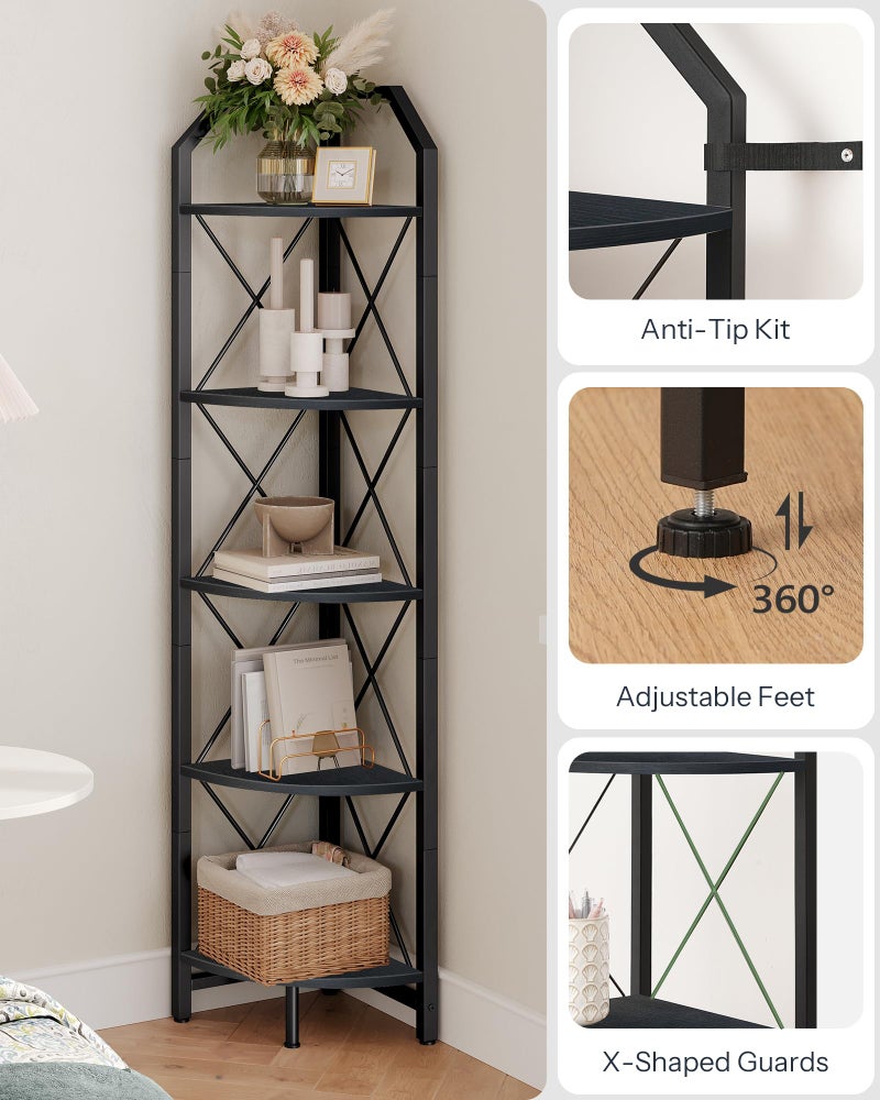 CHOEZON 5-Tier Corner Shelf, Industrial Corner Bookshelf, 59.4" Corner Storage Stand, Plant Stand Display Shelf, Corner Bookcase for Bedroom, Living Room, Home Office, Black TCJ10BB - Image 3