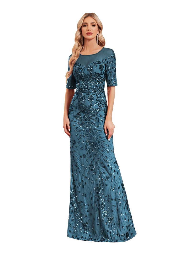 XUIBOL Short Sleeve Glitter Mermaid Evening Dress for Mother of The Bride Patchwork Women's Sequin Formal Gown Teal XL - Image 1