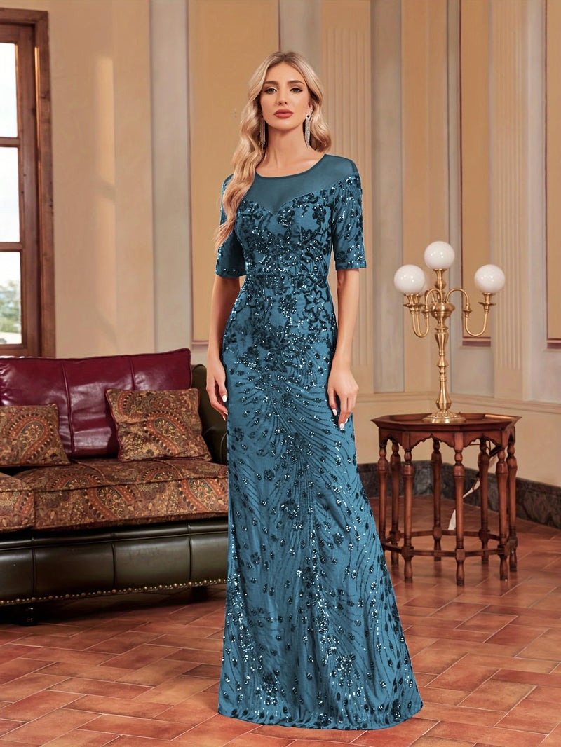 XUIBOL Short Sleeve Glitter Mermaid Evening Dress for Mother of The Bride Patchwork Women's Sequin Formal Gown Teal XL - Image 3