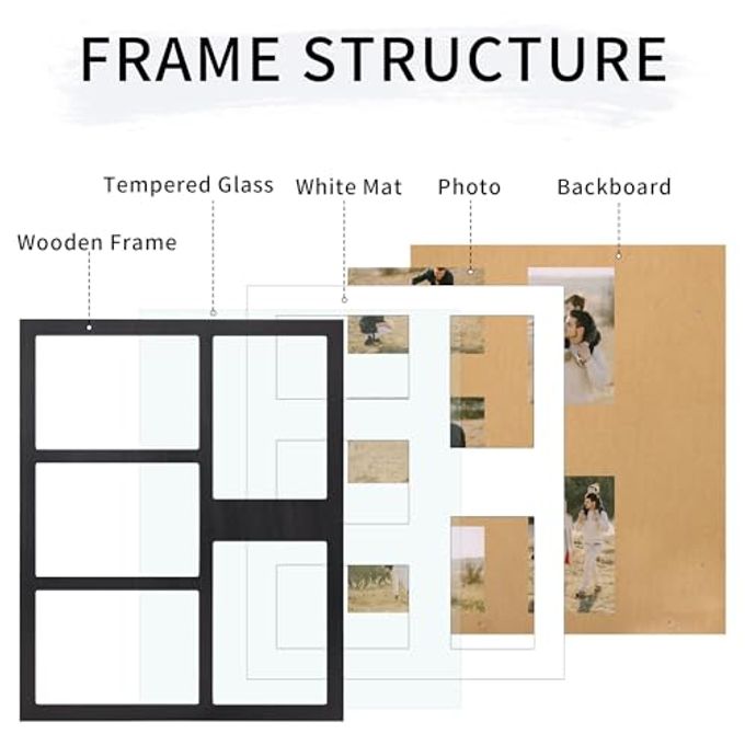 YESKAY 4x6 or 5x7 Picture Frames, Black Rustic Wooden Frame with Real Glass, Displays Pictures Five 4x6 with Mat or 5Pcs 5x7 without Mat for Wall Mounting, Photo Collage Frame - Image 3