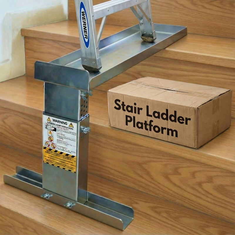 Renovatio Stair Ladder Platform â€“ Ladder Extender & Ladder Leveler for Stairs, Heavy-Duty Adjustable Stabilizer Feet, Galvanized Steel Stairwell Scaffold Platform, 450 lb Load, 24" x 5.5" - Image 1