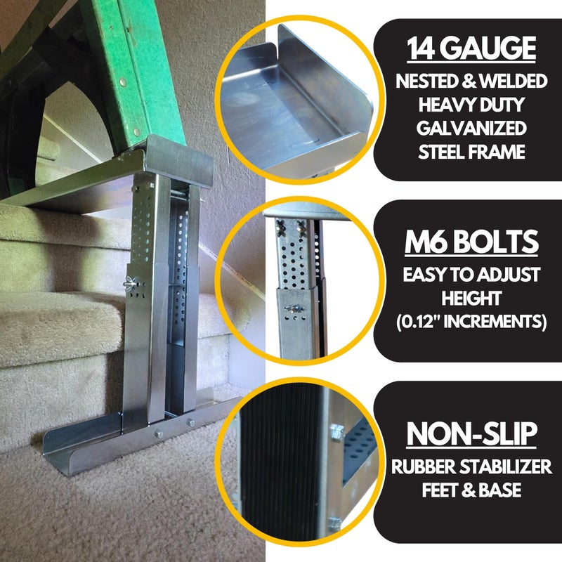 Renovatio Stair Ladder Platform â€“ Ladder Extender & Ladder Leveler for Stairs, Heavy-Duty Adjustable Stabilizer Feet, Galvanized Steel Stairwell Scaffold Platform, 450 lb Load, 24" x 5.5" - Image 5