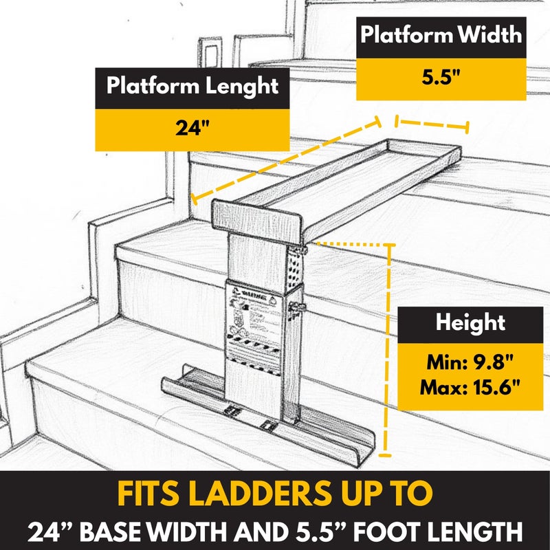 Renovatio Stair Ladder Platform â€“ Ladder Extender & Ladder Leveler for Stairs, Heavy-Duty Adjustable Stabilizer Feet, Galvanized Steel Stairwell Scaffold Platform, 450 lb Load, 24" x 5.5" - Image 3