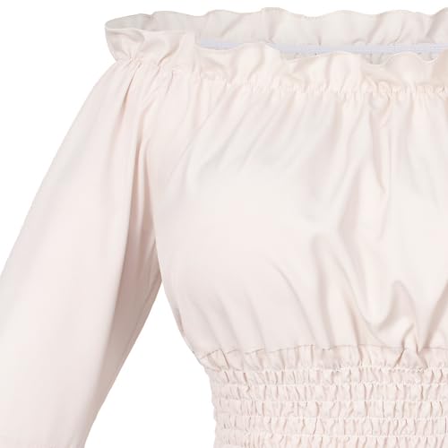Irtysh Womens Renaissance Victorian Peasant Ruffle Smocked Waist Boho Pirate Shirt Blouse Cosplay Costume(A-BG-L) Beige - Image 5