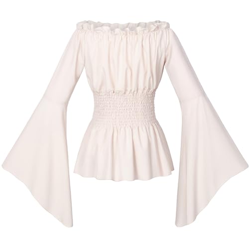 Irtysh Womens Renaissance Victorian Peasant Ruffle Smocked Waist Boho Pirate Shirt Blouse Cosplay Costume(A-BG-L) Beige - Image 3