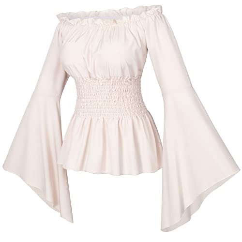 Irtysh Womens Renaissance Victorian Peasant Ruffle Smocked Waist Boho Pirate Shirt Blouse Cosplay Costume(A-BG-L) Beige - Image 1