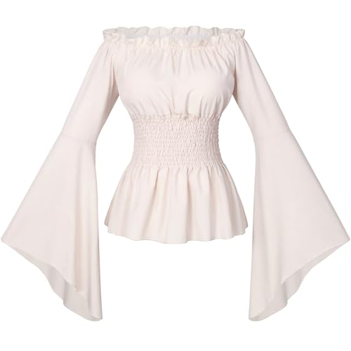 Irtysh Womens Renaissance Victorian Peasant Ruffle Smocked Waist Boho Pirate Shirt Blouse Cosplay Costume(A-BG-L) Beige - Image 2